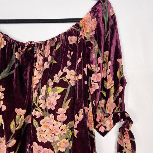 Francescas S Burgundy Red Floral Velvet Off The Shoulder Blouse Top Split Back - Picture 7 of 11